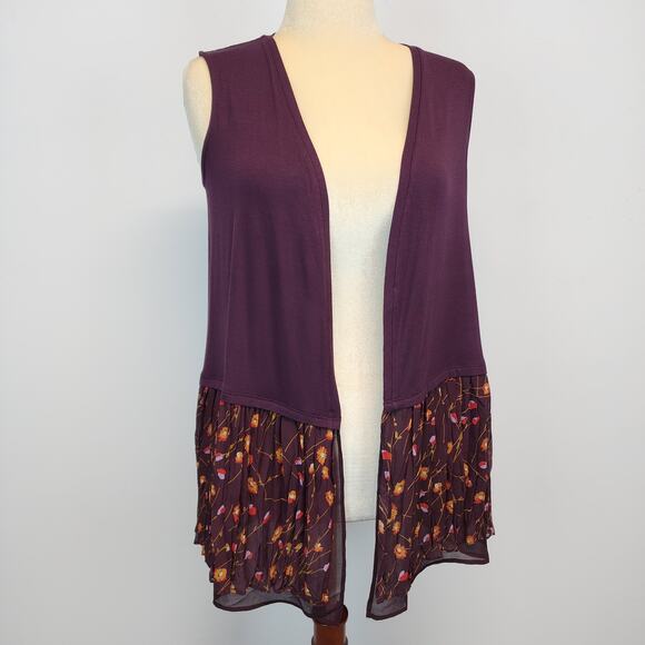 Lori Goldstein Sleeveless Cardigan Top Size XS Plum Modal Floral Chiffon Trim - Picture 1 of 12